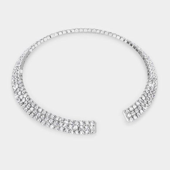 Silver Crystal Rhinestone Choker Necklace Cuff 3 Row Open Statement Jewelry Set - Picture 3 of 3
